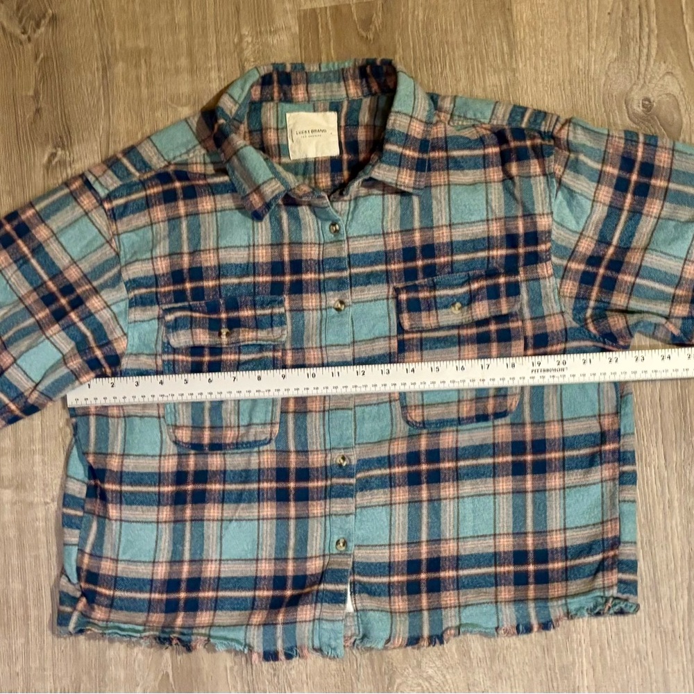 Lucky Brand Blue and Pink Plaid Cropped Button-Down Shirt - Picture 7 of 9